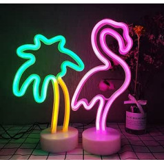 ENUOLI LED flamingo un kokosriekstu palmu koku neona gaismas 2 iepakojumi. Neona izkārtņu galda dekoru gaismas USB/baterijām darbināmas neona gaismas guļamistabai mājas kāzu dzimšanas diena brīvdienu bārs Par