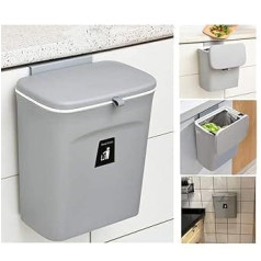 Compost Bin for Kitchen, 9 Litre Trash Bin, Worktop or Under Sink, Hanging Small Bin with Lid for Bathroom/Bedroom, Compost Bin for Indoor Use (Grey)