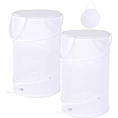 Foldable Laundry Baskets with Lid, Pop-Up Mesh Laundry Baskets, Portable Laundry Baskets, White Mesh Laundry Baskets, Laundry Baskets with Handle for Camping, Travel, Clothes, Children's Room