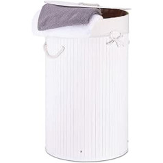 Relaxdays Bamboo Laundry Basket Foldable Laundry Basket with Lid Volume 70 L Cotton Round Diameter 41 cm Choice of Colours, 41 x 41 x 65 cm