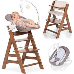 Hauck Alpha Plus Walnut Newborn Set Deluxe - Baby Wooden High Chair from Birth with Reclining Function - Includes Attachment for Newborns & Seat Cushion - Grows with Your Child - Adjustable