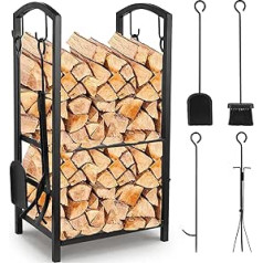 TLSUNNY Indoor Firewood Shelf, Firewood Rack with 4 Fireplace Tools, Firewood Stand for Indoor and Outdoor Use, Firewood Shelf, Metal 75 x 40 x 30 cm (H x L x W), Black, Maximum Load 50 kg