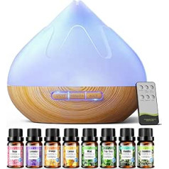 Dyoonoer Aroma Diffuser Set for Essential Oils 500 ml, 8 x 10 ml Essential Oils, Remote Control, 14-Colour LED with 4 Timer Settings