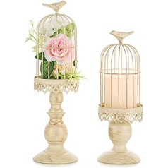 Nuptio Candle Holder Pillar Candles Birdcage: Ivory Shabby Chic Candle Holder for Pillar Candle, Vintage Metal Lanterns Wedding Table Top Centre Pieces Christmas Halloween Pack of 2