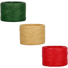 3 Rolls 50M Christmas Raffia Paper Ribbon, Natural Green Red Raffia Paper Ribbon, Packing Ribbon, Raffia Yarn, Christmas, Matte, Recyclable Ribbons for Gift Wrapping, Christmas Parties