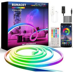 BUNACET neona LED sloksne 8 m, RGB + IC Neona LED sloksne 24 V, IP65 ūdensizturīga neona gaismas sloksne 864 LED, DIY elastīga LED sloksne ar tālvadības pulti un barošanas avotu, silikona gaismas sloksne iekštelpām