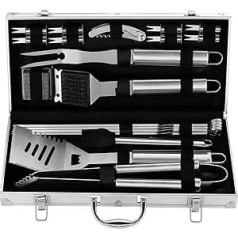 20 Piece BBQ Tool Set - Extra Thick Stainless Steel Spatula, Fork and Tongs. Complete BBQ Accessories Set in Aluminium Storage Box