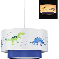 Relaxdays Dino piekaramā lampa, apaļš abažūrs ar dinozaura motīvu, bērnu un mazuļu istabai, A x D 126 x 30 cm, Balts/Zils