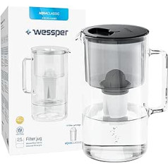 Wessper stikla ūdens filtra krūze, 2,5 l, saderīga ar Brita Classic ūdens filtra kasetnēm, iekļauta 1 ūdens filtra kasetne, samazina kaļķakmens un hlora daudzumu, melna