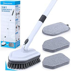 Bathroom Cleaning Brush with 52 Inches/132 cm Long Handle, 3-in-1 Scrubber with Handle, Scouring Pad with Locking Button, Extendable Brush Cleaning for Bathroom, Toilet, Floor, Tub, Tiles, Sink