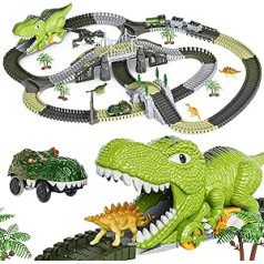 Dinosaur Toy Race Track, 281 Pieces Dinosaur Train Toy for Children 3 4 5 6, Flexible Railway Tracks with 4 Dinosaurs, 2 Electric Racing Cars with Lights - Toddlers Dinosaur World