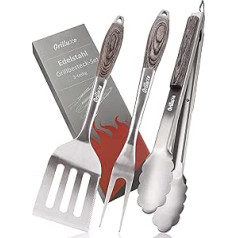 Grilluxe® Premium Barbecue Cutlery Set, 3 Pieces, Deluxe BBQ Tool Set, Pakka Wood + Stainless Steel, Extra Long, Barbecue Tongs + Grill Turner + Meat Fork, Grills and Ovens, Integrated Bottle Opener