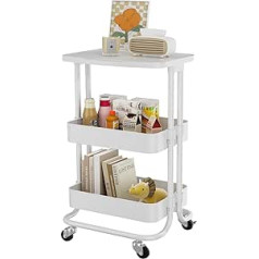 Dripex Kitchen Trolley 3 Tier Serving Trolley Kitchen Shelf Storage Trolley with Table Top on Wheels Bathroom Shelf Space Saving for Kitchen Bathroom Ivory White