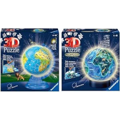 Ravensburger 3D puzle 11274 bērnu globuss ar gaismu vācu valodā un 3D puzle Zeme nakts dizainā Nakts gaisma 11844 Puzles bumba 72 gabali globusa faniem no 6 gadu vecuma