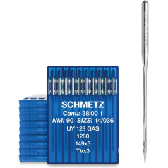 100 SCHMETZ Industrial Sewing Machine Needles System UY 128 GAS / TVx3 / 149 x 3 / 1280 in Needle Thickness 90/14 | Needles with Round Piston for Industrial Sewing Machines