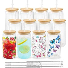 8 Pack Sublimation Glass Cups Blanks with Bamboo Lid 16oz Clear Glass Beer Cans Mason Jar for Iced Coffee Juice Lemonade