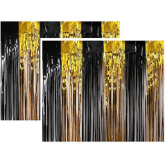 Aluminum Foil Tinsel Stripe Backdrop 2pcs (Black Gold) Metal Foil Photo Backdrop Kit Suitable for Birthday Graduation Wedding Engagement Christmas Decoration 1 x 2.5m