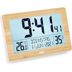 ADE Digital XL Radio-Controlled Clock with Very Large Numbers | Table Clock with 2 Alarm Times and Lighting | Thermometer Hygrometer | Narrow Frame Made of Real Bamboo