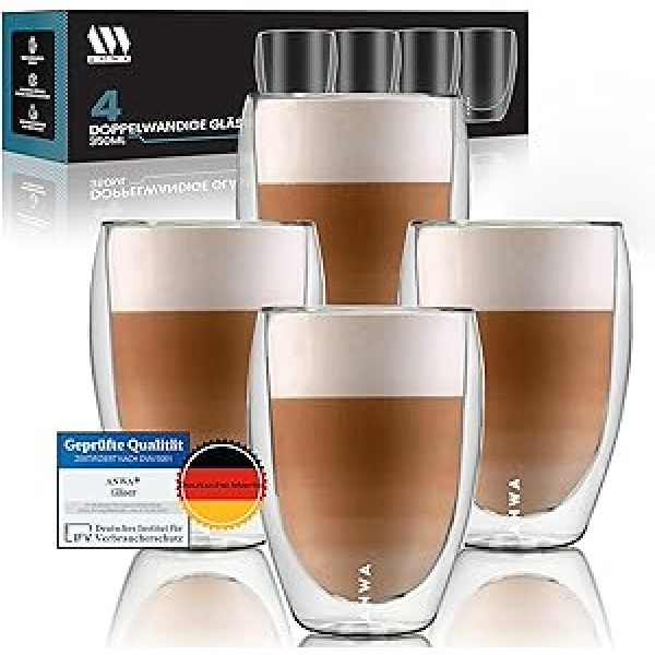 ANWA® 4 dubultsienu termiskās glāzes (350 ml tilpums) – kafijas glāzes – kapučīno glāzes – latte Macchiato glāzes