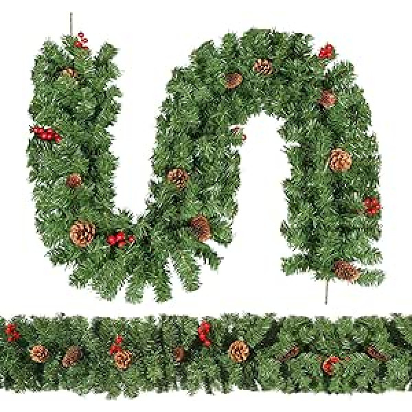 himaly 180 cm / 6 ft Christmas Garlands with Pine Cones, Red Berries, Artificial Rattan Garlands, Green Wreath, Christmas Hanging Stairs, Window, Fireplace, Wall Christmas Decoration