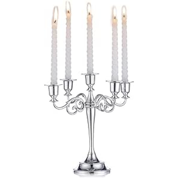 Nuptio Silver Candelabra Candle Holder 5-Arm 27 cm Tall Candle Holder for Taper Candles for Wedding Birthday Party Centrepieces Dining Table Christmas Decoration