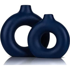 2-Piece Waterproof Blue Doughnut Vase, Blue Matt Ceramic Vase Set for Pampas Grass, Ikebana & Tulips, Vintage & Boho Style, Ideal for Living Room, Bedroom, Office Aesthetic Blue Decoration