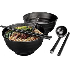 2 Sets (6 Pieces) Soup Bowls, Japanese Ramen Bowl Set, Comes with Chopsticks and Spoons, Soup Bowls, Dishwasher Safe, Multifunctional Cereal Bowl for Pasta, Fruit, Noodle, Salad, Black