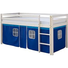 Homestyle4u 519 Children's Cabin Bed with Ladder, Curtain Blue, Solid Pine Wood, White, 90 x 200 cm