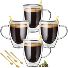 4 x 350 ml Double-Walled Coffee Cups, Cappuccino Cups, Glass Cups with Handle, Espresso Cups, Latte Macchiato Glasses, Heat and Cold Resistance, for Cappuccino, Latte, Tea, Milk, Beer