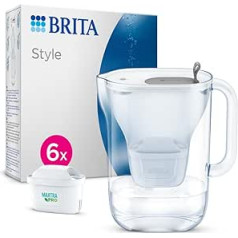 BRITA stila ūdens filtra krūze gaiši pelēka (2,4 l) Ietver 6 x Maxtra Pro daudzfunkcionālas kasetnes — moderna dizaina filtrs ledusskapim, lai samazinātu kaļķakmens, hlora, metālu, piemēram, svina un vara, daudzumu.