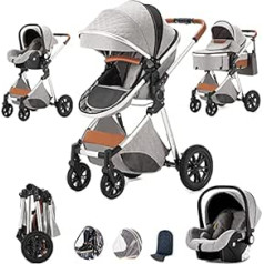 Combination Pushchair 3-in-1 Travel Systems Standard Pram Buggy Newborn Portable Travel Pram Foldable Pushchair High Landscape Pushchair (Light Grey)