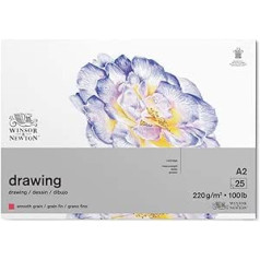 Winsor & Newton 6689743 zīmēšanas papīrs loksnēs - 25 A2 loksnes, 220 g/m², smalki graudi, dabīgi balts, arhivēšanas kvalitātē bez skābes, izturīgs pret slīpēšanas zīmuļiem, tinte, krāsainie zīmuļi