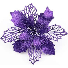 Sofecto Pack of 12 Christmas Stars with Glitter, Artificial Flowers, Christmas Tree Decorations and Ornaments, 16 cm Diameter (Purple)