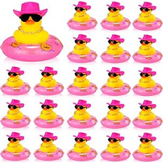 24 Kovboju gumijas pīļu komplekts Mini Car Yellow Ducks Vannas rotaļlieta Ballīte ar Mini Cepuri Peldēšanas Aplis Kaklarota Saulesbrilles Pīļu Auto paneļa rotājumi Vannas duša Dzimšanas diena