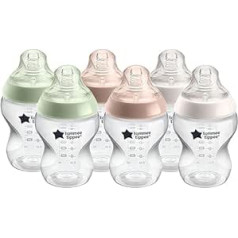 Tommee Tippee Closer to Nature Lēnas plūsmas zīdaiņu pudelītes — krūtīm līdzīgs knupītis ar pretkolikas vārstu — 260 ml (6 pakojumā) — jauktas krāsas