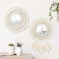 SOMYTING Macrame sienas spogulis, komplekts pa 2, apaļš spogulis, Boho makramas bārkstis spogulis ar koka pērlīšu spalvu, kulons mājām, viesistaba, guļamistaba, bērnu istaba, skaistas dāvanu idejas (Plume +