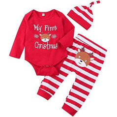 Wexuua My First Christmas Baby Girls Boys Red Romper ar svītrainām biksēm un cepuri 3 daļīgs jaundzimušā apģērba komplekts