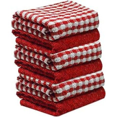 Kitchen Towels, Cotton Terry Tea Towels, Red/White, Monocheck, Super Absorbent for Drying Dishes, Cleaning Cloths, 35 x 65 cm (Red, 6)