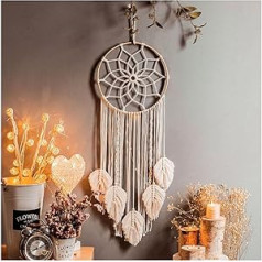 Wisafory Macrame sapņu ķērējs pie sienas, liels, ar rokām darināts, austs Boho sapņu ķērējs, pušķis, sienas dekors Lapu spalvu gobelēns Bohēmijas austs gobelēns mājas sienas mākslas dekorēšanai