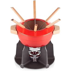 Le Creuset Gusseisen fondī komplekts, Inkl. 2 Holzgriffen, Spritzschutz, Rechaud und 6 Fonduegabeln, 2,0 L Volumen, Kirschrot, 60612000602460