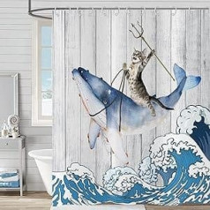 Shower Curtain Funny Cat 180 x 180 cm, Hnmdmyi Cool Cat Riding Whale with Japan Kanagawa Waves on Rustic Wooden Bath Curtain Cute Kids Farm Waterproof Fabric Washable Bath Curtain