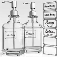 Beowanzk Pack of 2 Glass Soap Dispenser with Stainless Steel Pump Washing-Up Liquid Dispenser Kitchen Soap Dispenser Shower Gel Dispenser Refillable Transparent Soap Dispenser for Kitchen, Bathroom,