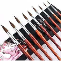 Kolinsky Watercolour Brushes Set 9 Pieces Superior Sable Hair Round Pointed Professional Art Paintbrush Round Tip Paint Brush Kit for Watercolour Acrylic Inks Gouache Tempera Painting
