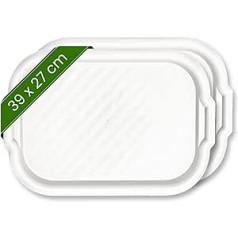 Plastmasas servēšanas paplāte, 2 komplekts (39 x 27 cm, liels, balts) - Paplāte ar rokturi un malu - Plastmasas virtuves paplāte pasniegšanai - Taisnstūrveida trauku paplāte - Servēšanas paplāte (mazgājama trauku mašīnā)