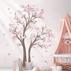 decalmile Wall Tattoo Large Tree Cherry Blossom Wall Sticker Cherry Tree Flowers Pink Wall Sticker Bedroom Living Room Children's Room Wall Decoration