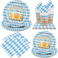 96 daļīgs Oktoberfest ballīšu komplekts ar šķīvjiem + krūzēm + salvetēm tematiskās ballītes noformējums Oktoberfest Bayern oktobra festivāls Blue White Ideāli piemērots kā paliktņi Bavārijas notikumiem vai tematiskām ballītēm