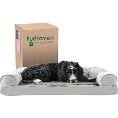 Furhaven liela Memory Foam suņu gulta plīša un zamšādas dīvāna stilā ar noņemamu mazgājamu pārvalku — pelēks, liels