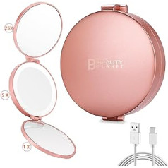 B Beauty Planet LED Compact Mirror with Lights and Magnification Small 1 x 5 x 25 x Travel Magnifier 4 Inch Compact Mirror for Women Portable Dimmable Beauty Gift