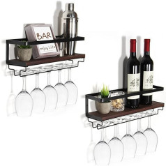 B4Life Wall Mounted Wine Rack with Glass Holder, Set of 2, Wooden Wine Glass Rack, Vintage Bottle Rack Made of Floating Shelves with Stemware, Wine Rack with Glass Holder, Wall Mounted for Dining Room, Home, Bar, Kitchen