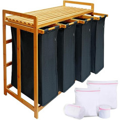 AdealDream veļas grozs ar bambusa rāmi, 200 litri, 4 nodalījumi, izvelkama un noņemama veļas soma, veļas grozi, bambuss, pelēks, 06-20